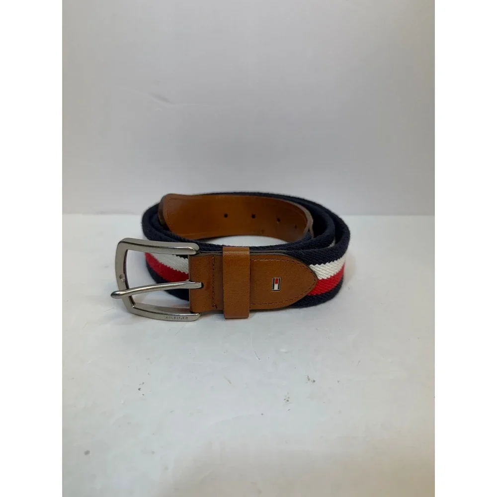 Tommy Hilfiger Mens Striped Fabric Leather Trim Belt Navy White Red Size 40/100